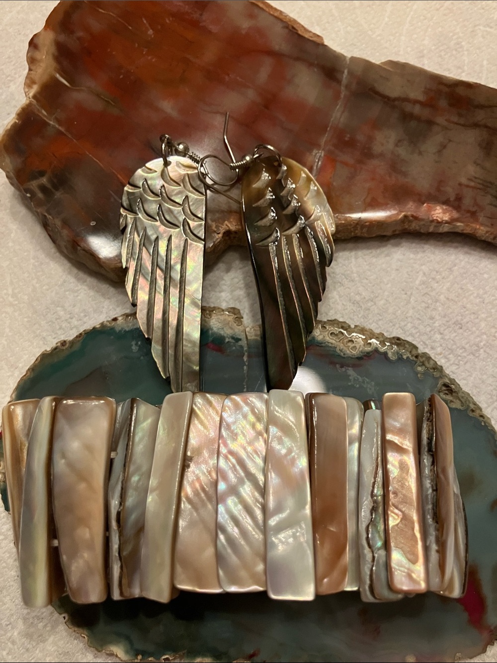 Iridescent Abalone Shell Angel wing Earrings and matching Bracelet - Picture 13 of 13